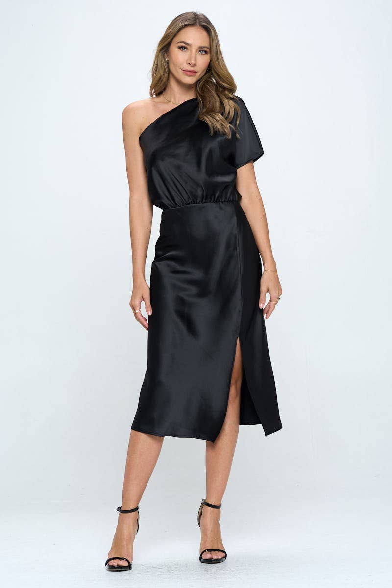 Made in USA Stretch Satin One Shoulder Dress-Renee C.-SMALL / 97%POLYESTER3%SPANDEX / BLACK-Urbanheer
