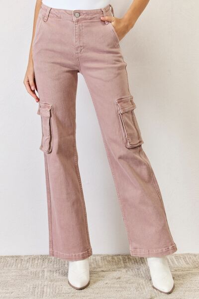 Risen Full Size High Rise Cargo Wide Leg Jeans-Risen-Mauve-0-Urbanheer