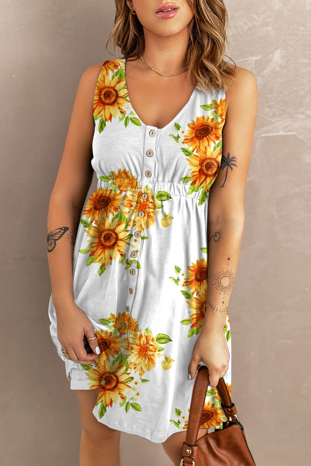 Sunflower Print Button Down Sleeveless Dress-Street 360-Sunflower Fields-S-Urbanheer