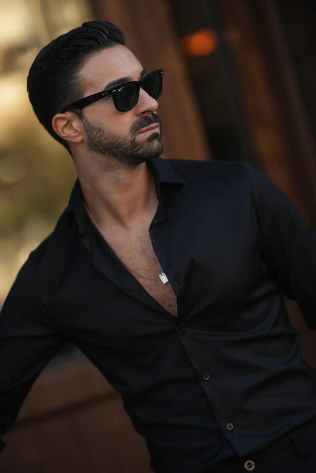 Black Elastic Slim-Fit Men'S Shirt-Clothing - Men-Donato-Urbanheer