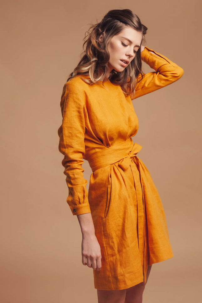 Linen Mustard Yellow Wrap Dress-Nich Linen-Urbanheer