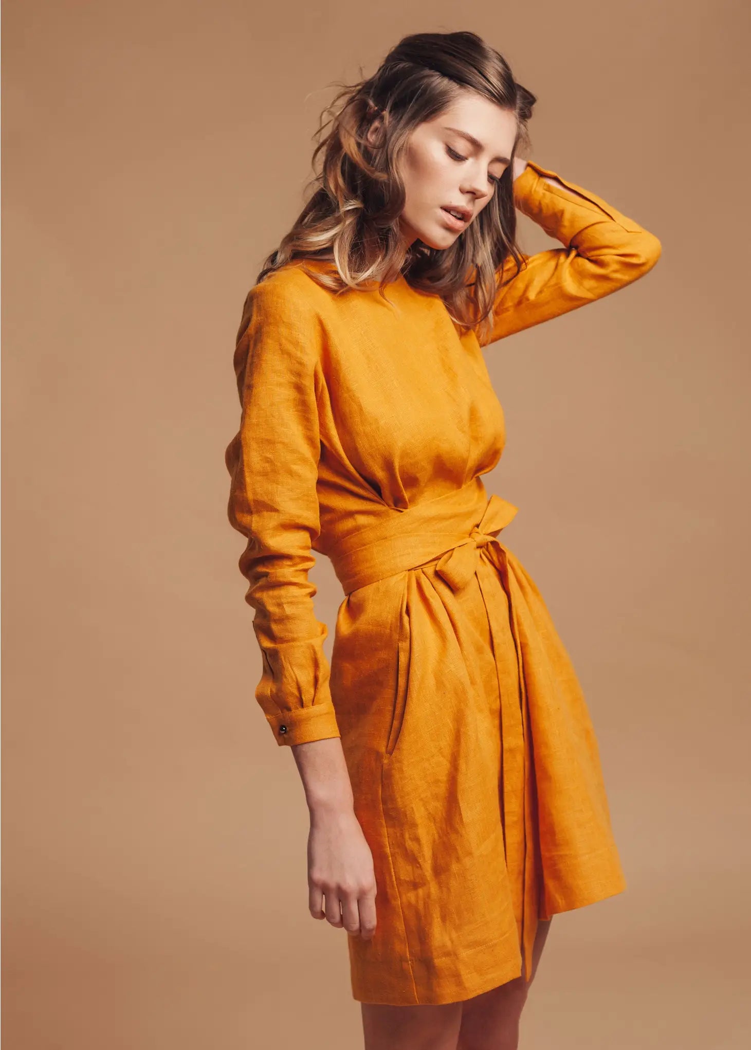 Linen Mustard Yellow Wrap Dress-Nich Linen-XXS-Urbanheer