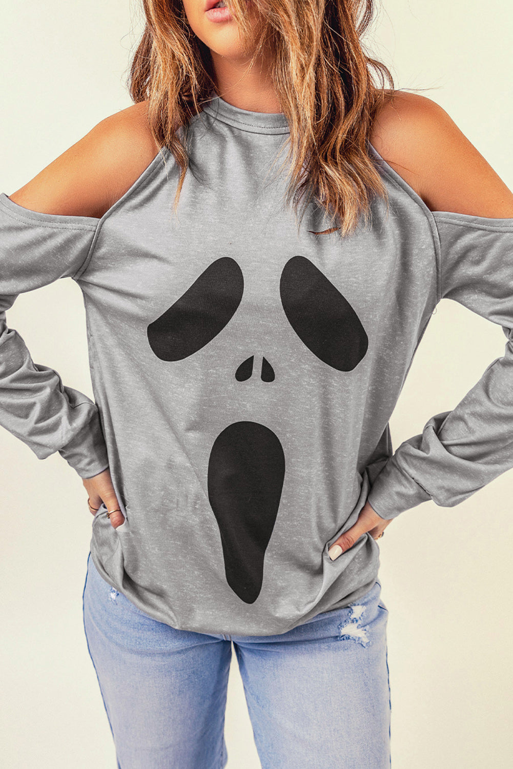 Gray Distressed Halloween Ghost Cold Shoulder Sweatshirt-UHXC-Gray-(US 4-6)S-Urbanheer