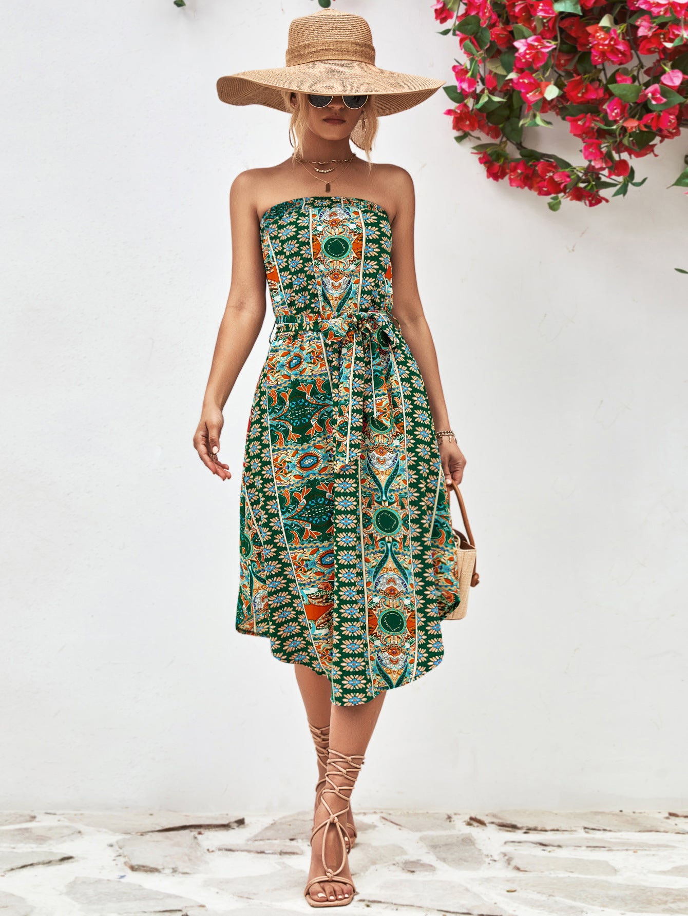 Printed Strapless Tie Belt Dress-Street 360-Mid Green-S-Urbanheer