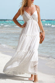 Beige Pattern Print Tiered Ruffled Spaghetti Strap V Neck Maxi Dress-UHXC-Beige-(US 4-6)S-Urbanheer