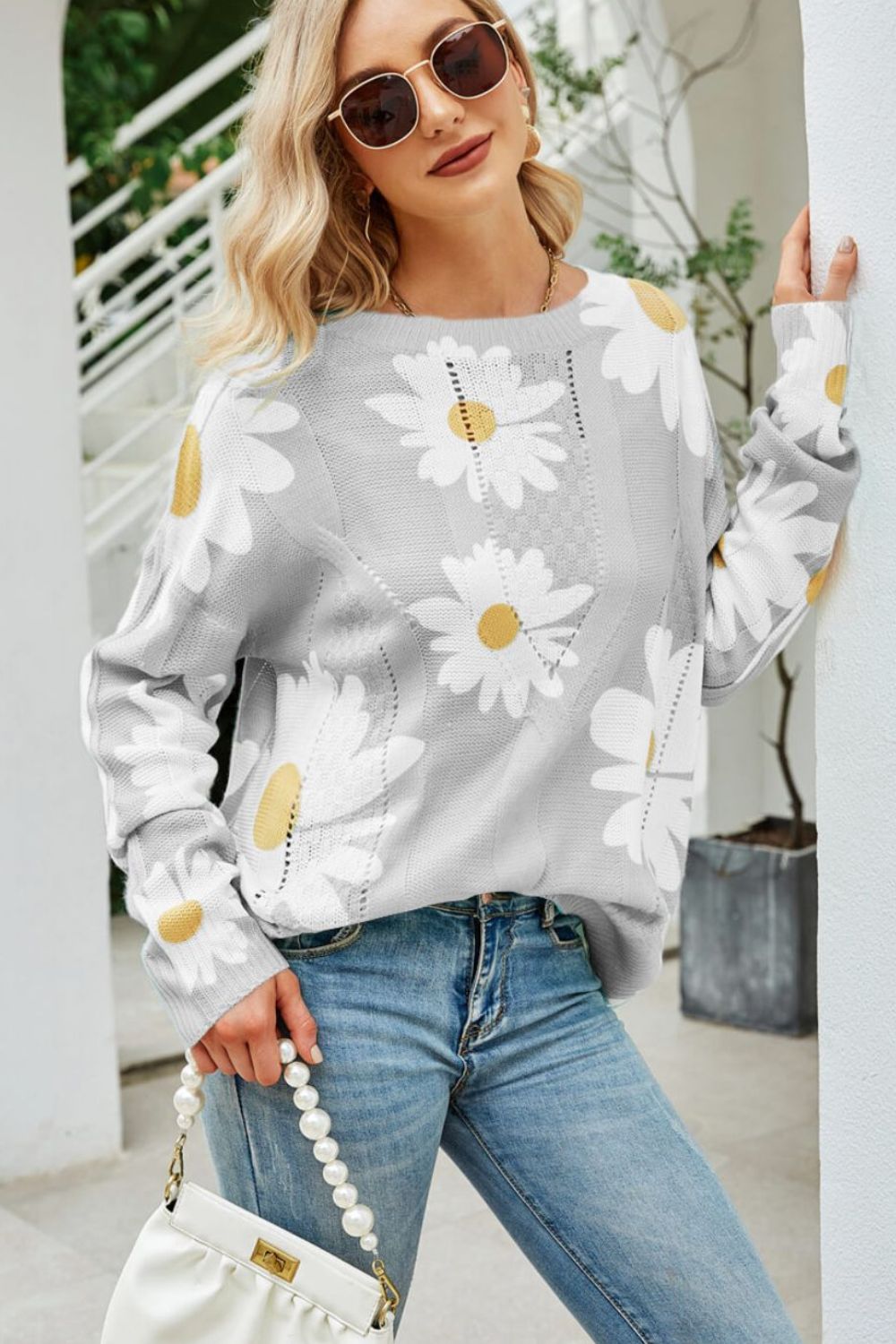 Daisy Print Openwork Round Neck Sweater-Street 360-Light Gray-S-Urbanheer