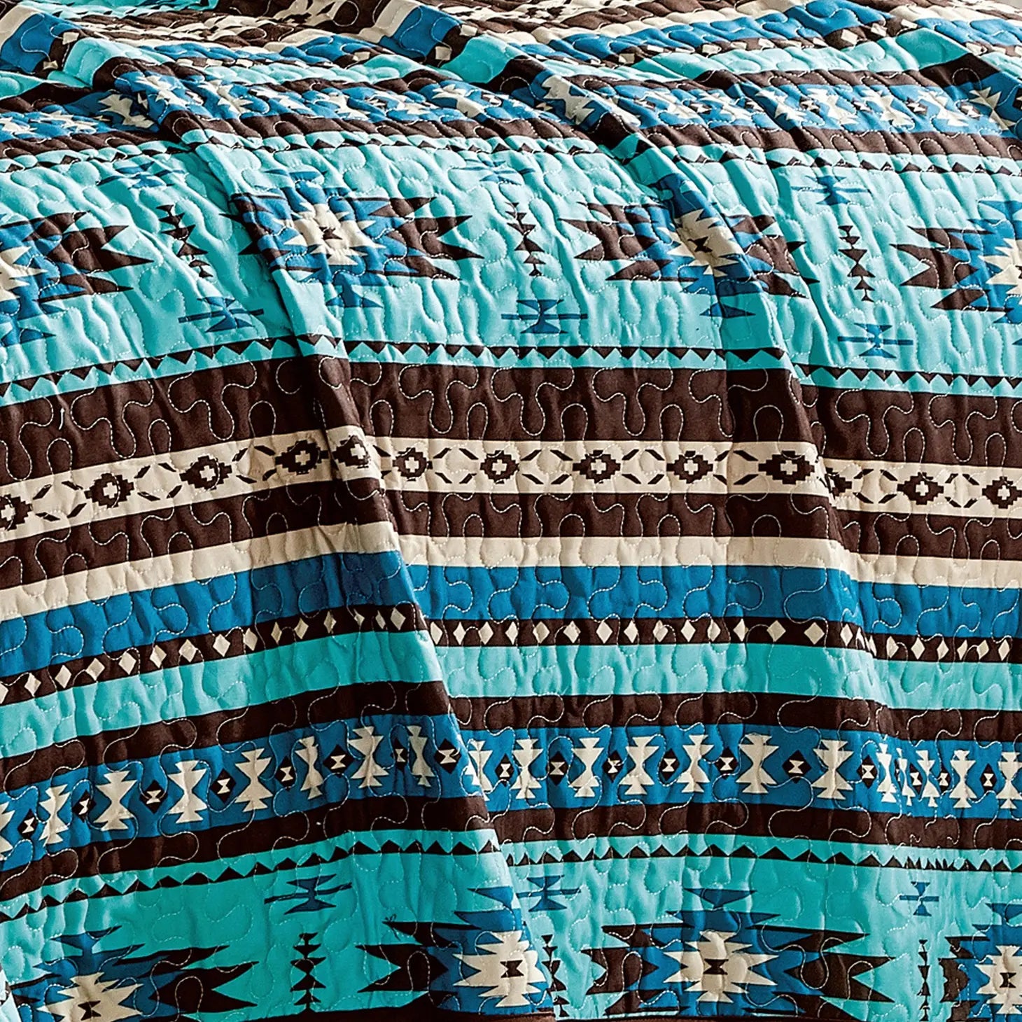 Southwestern Turquoise Tan Aztec Coverlet - 5 Piece Set-Linen Mart-Queen-Urbanheer