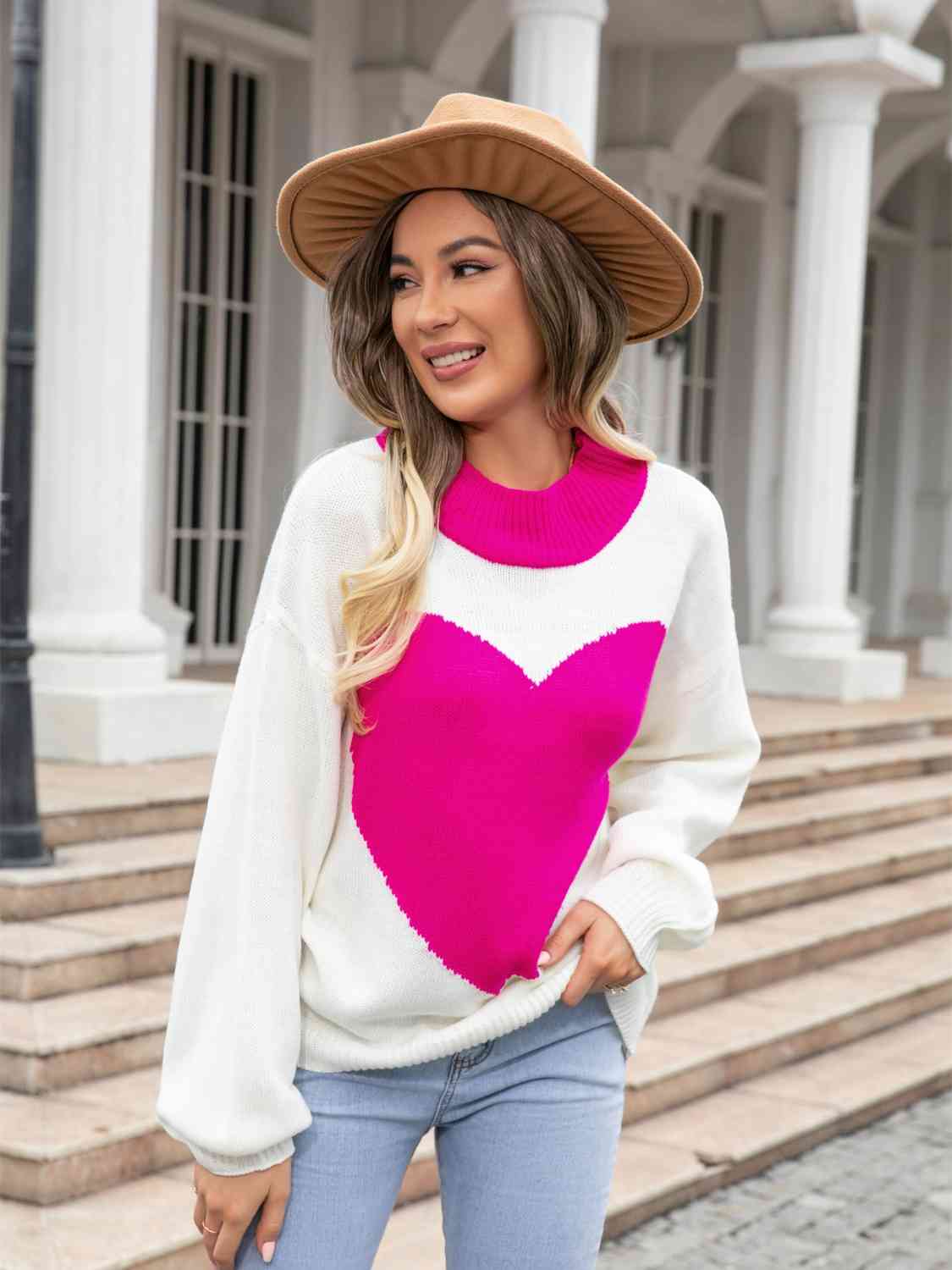 Heart Graphic Round Neck Sweater-Street 360-Deep Red-S-Urbanheer
