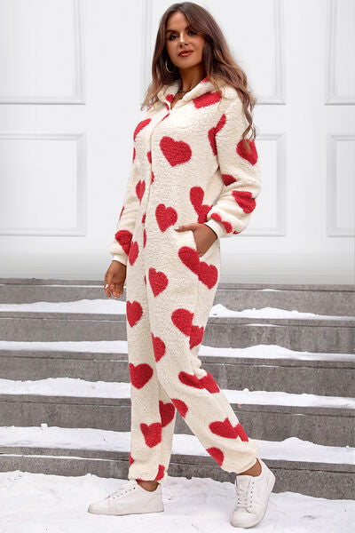 Fuzzy Heart Zip Up Hooded Lounge Jumpsuit-Street 360-Deep Red-S-Urbanheer