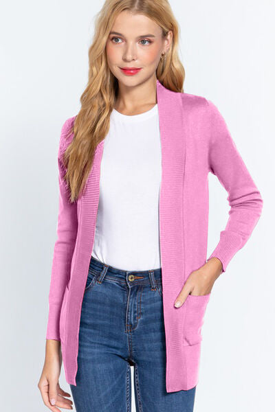 Active Basic Ribbed Trim Open Front Cardigan-Street 360-PINK-S-Urbanheer