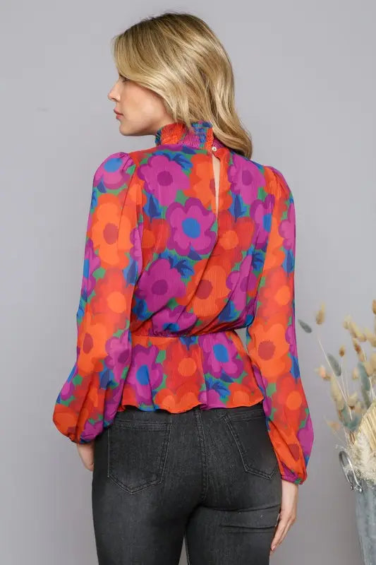 Abstract Flower Print Peplum Top-Peach Love California-S-Urbanheer