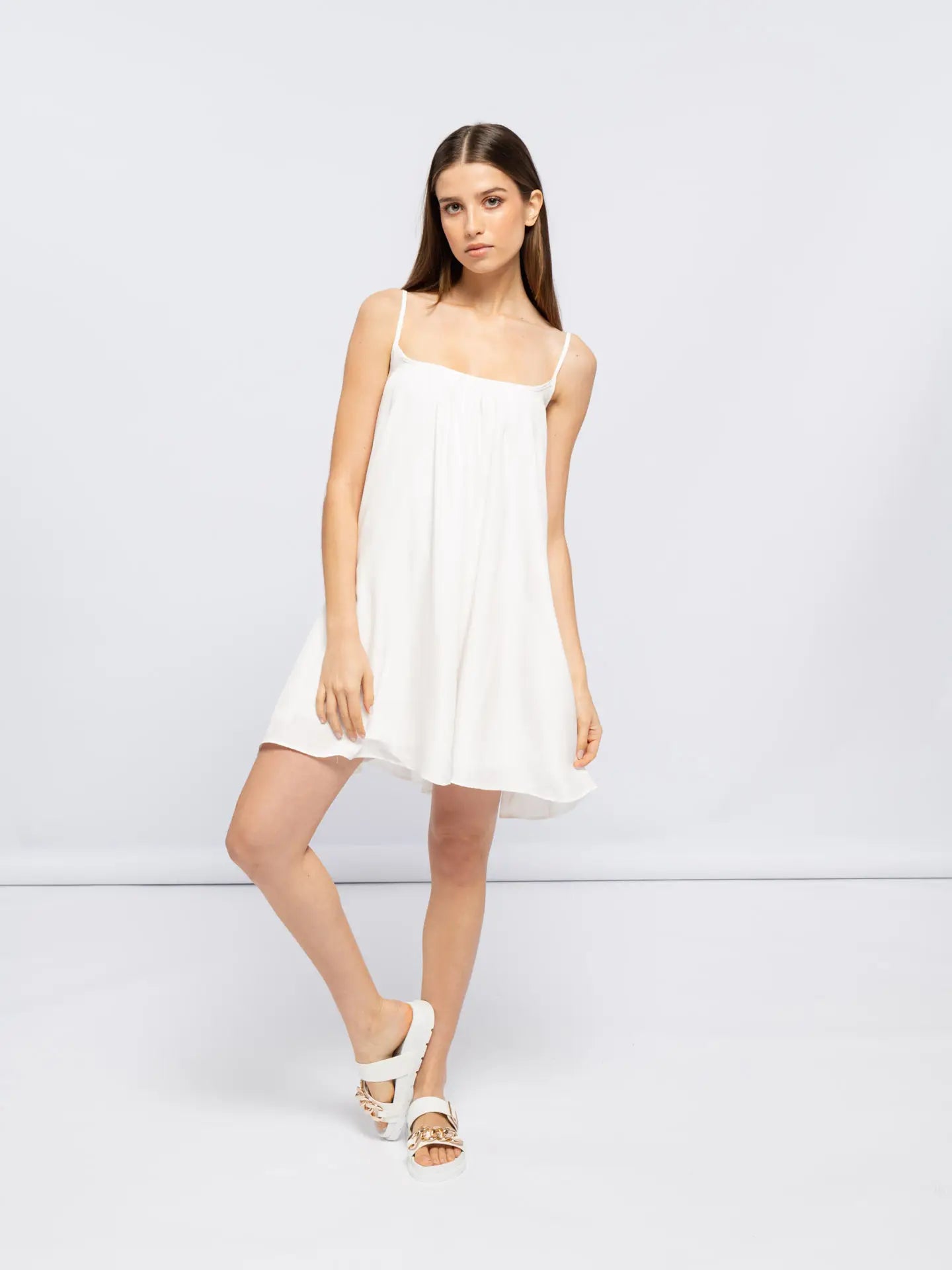 White Dress With Square Neckline-Dresses-SMF-S-Urbanheer