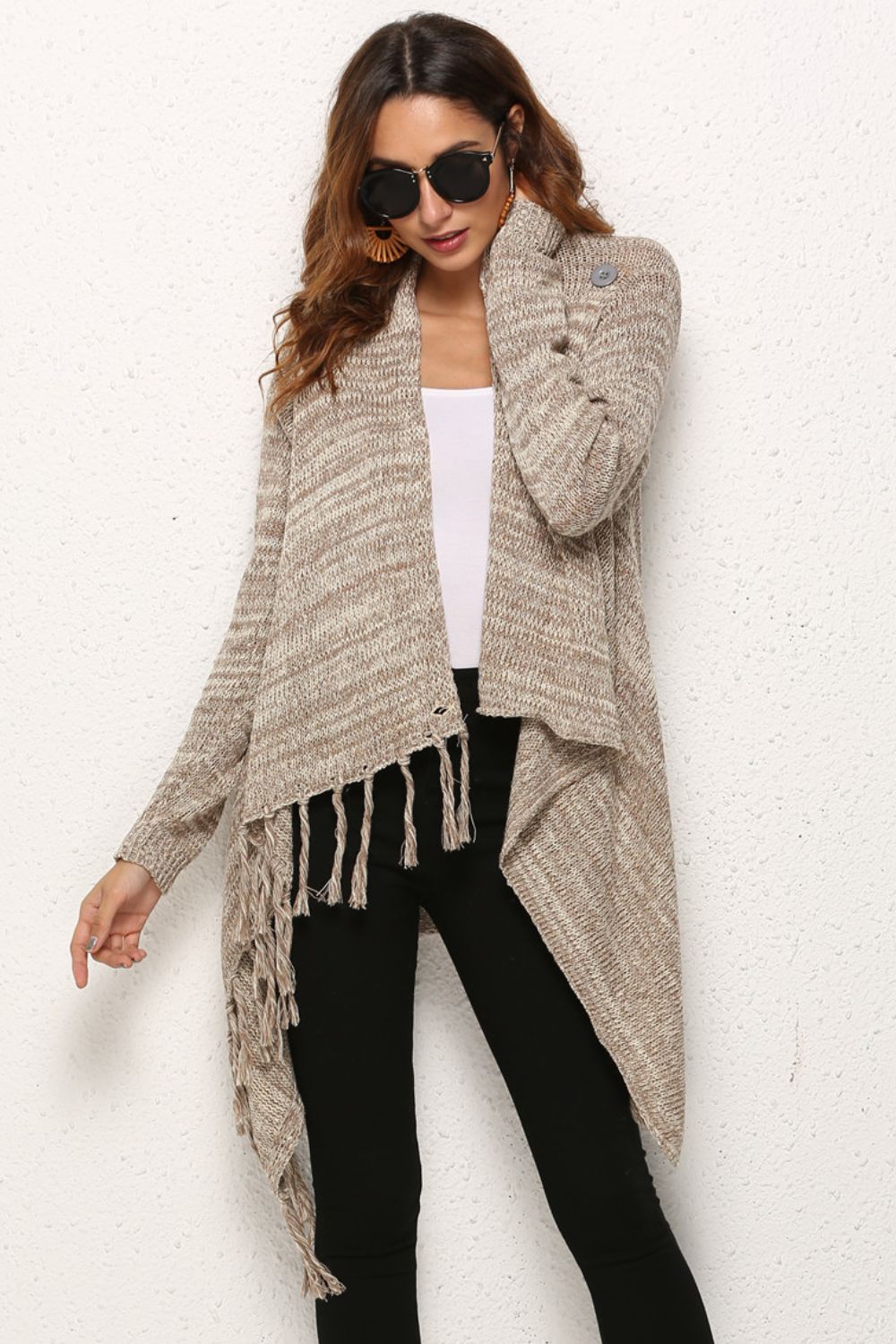 One-Button Tassel Tie Asymmetrical Hem Cardigan-Street 360-Dark Gray-S-Urbanheer