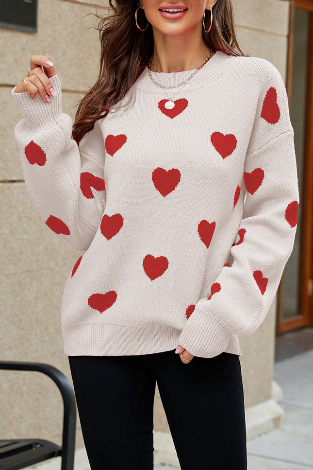 Heart Pattern Ribbed Trim Knit Sweater-Stay Warm in Style-RED HEART-SMALL-Urbanheer