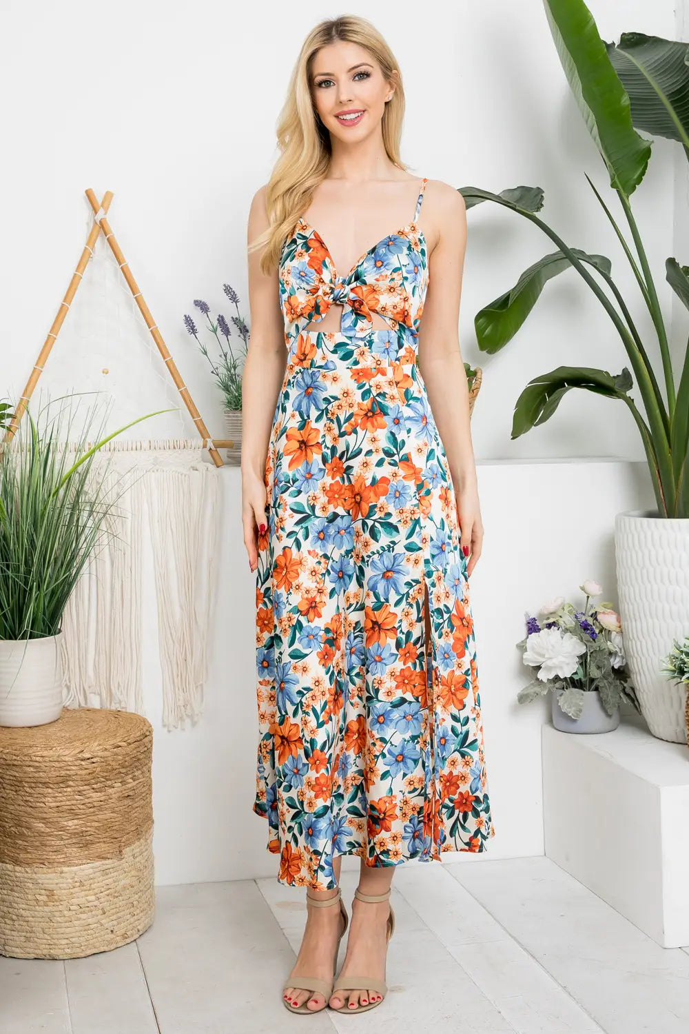 Floral Dress With Cut-Out Tied Bodice-LA Soul-S/M-Urbanheer