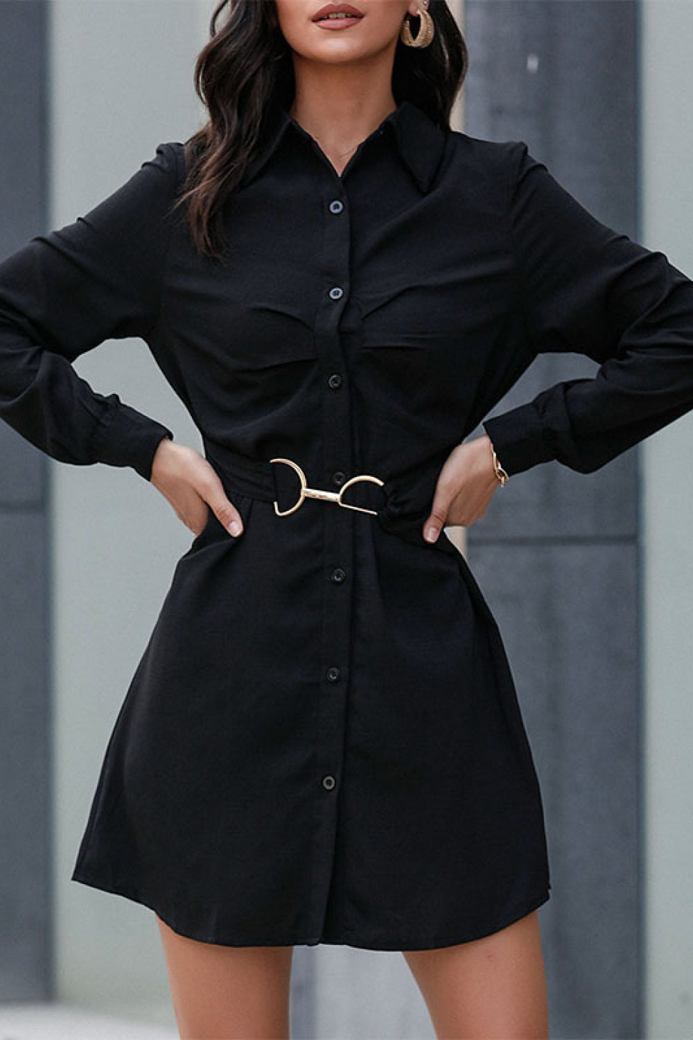 Belted Mini Shirt Dress-Street 360-Black-S-Urbanheer