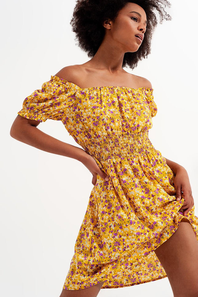 Mini Dress With Shirred Detail In Yellow Ditsy Floral Print