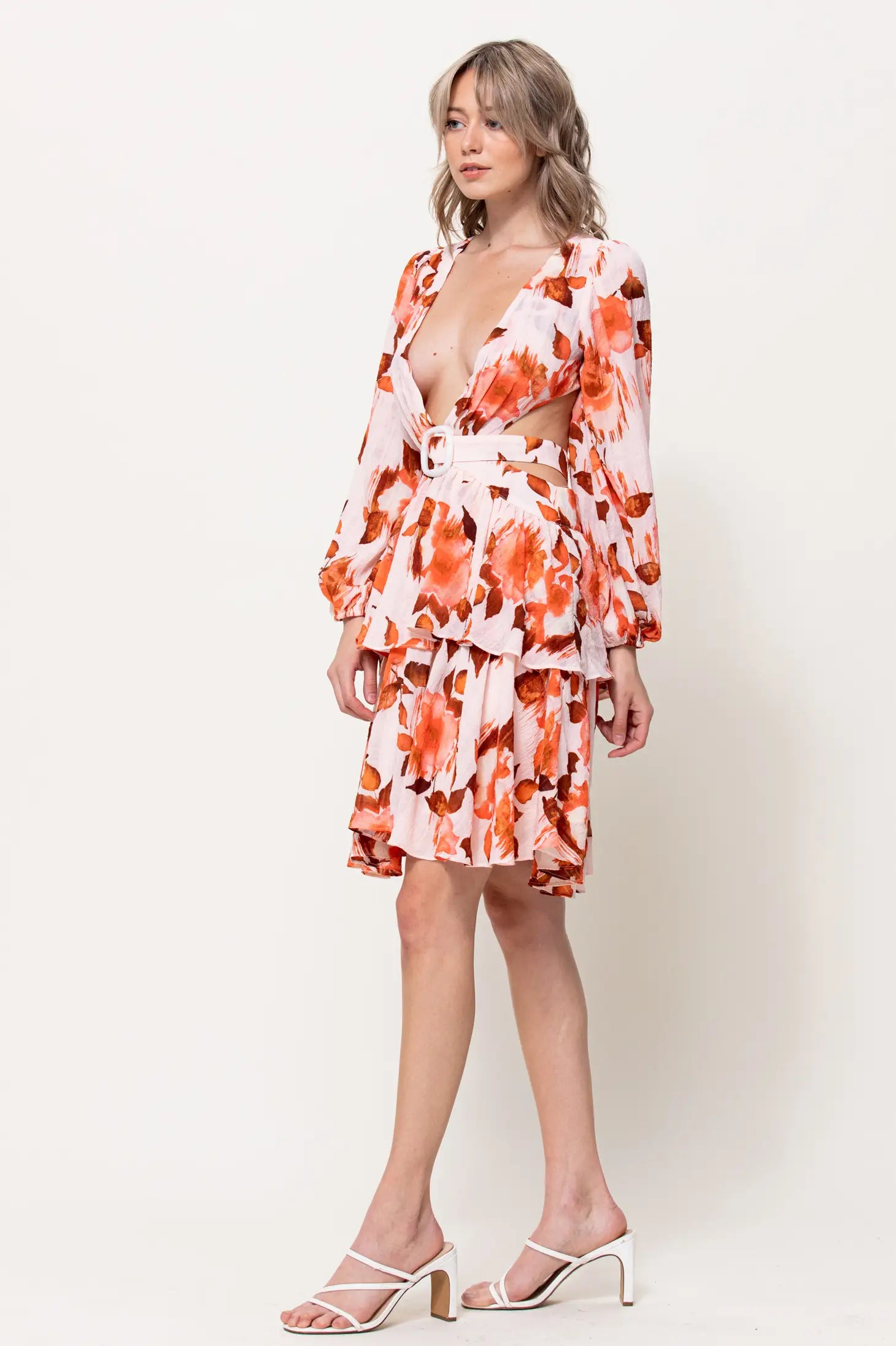 Front Buckle Detail Cut Out Mini Dress-Neon Blush-S-Orange-Urbanheer