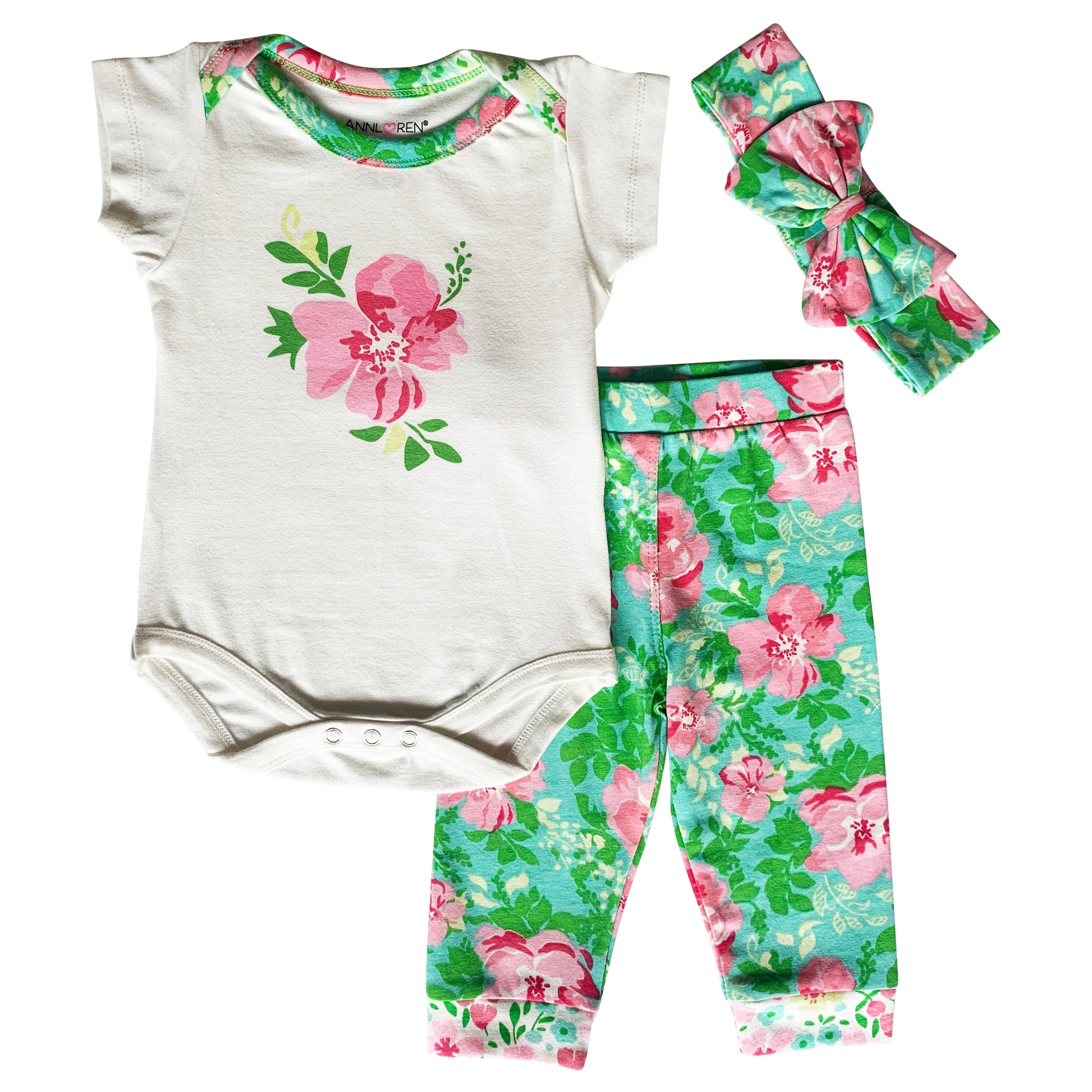 AnnLoren Baby Girls Layette Floral Onesie Pants Headband 3pc Gift Set Clothing-AnnLoren-12-18 Mo-Urbanheer