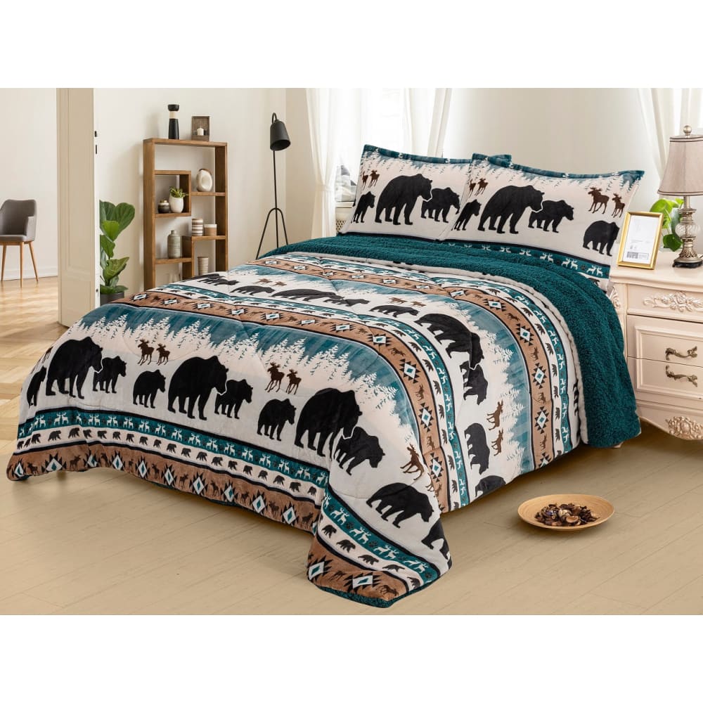 Sherpa Plush Bear Trail Lodge Blanket - 3 Piece Set.-Linen Mart-King-Urbanheer