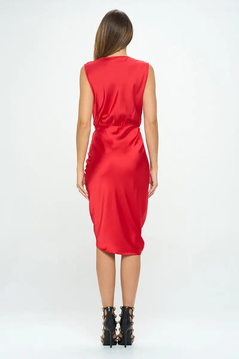 Stretch Satin Ruched Dress With Asymmetrical Hem.-Renee C.-S-Urbanheer