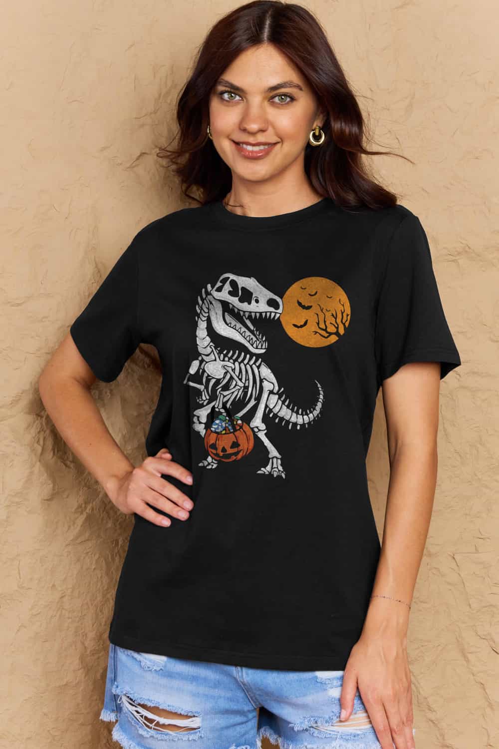 Simply Love Full Size Dinosaur Skeleton Graphic Cotton T-Shirt-Street 360-Black-S-Urbanheer