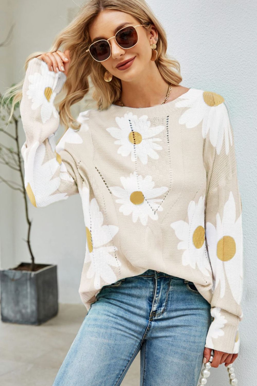 Daisy Print Openwork Round Neck Sweater-Street 360-Green-S-Urbanheer