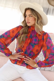 Abstract Flower Print Peplum Top-Peach Love California-S-Urbanheer