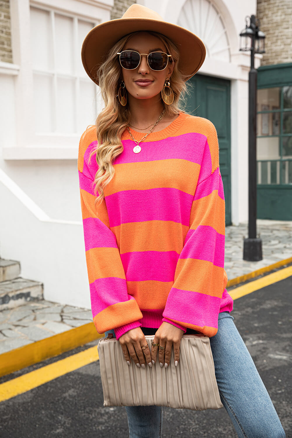 Striped Balloon Sleeve Knit Pullover-Street 360-Orange/Fuchsia-S-Urbanheer
