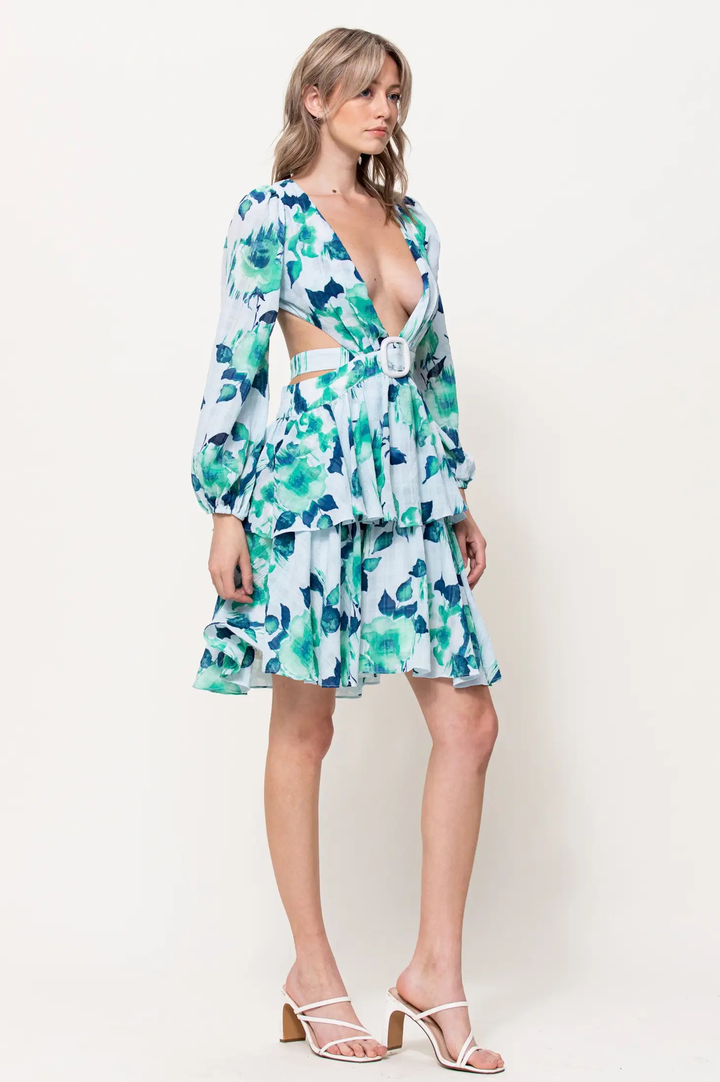 Front Buckle Detail Cut Out Mini Dress-Neon Blush-S-Green-Urbanheer