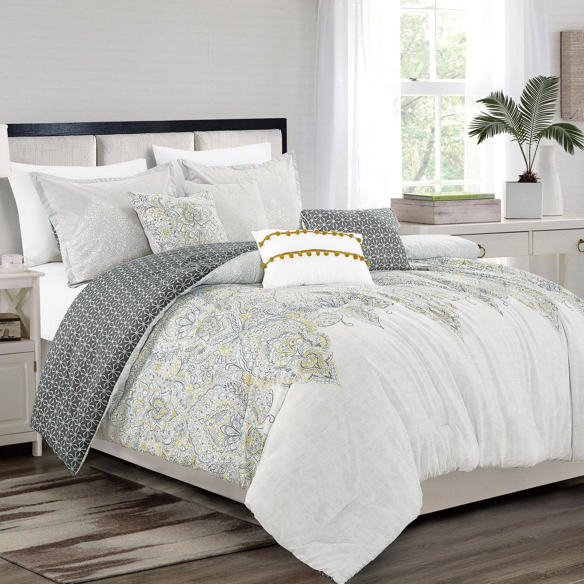 Floral Jacquard Modern Creame Comforter - 7 Piece Set-Linens & Bedding-linen mart-King-Urbanheer