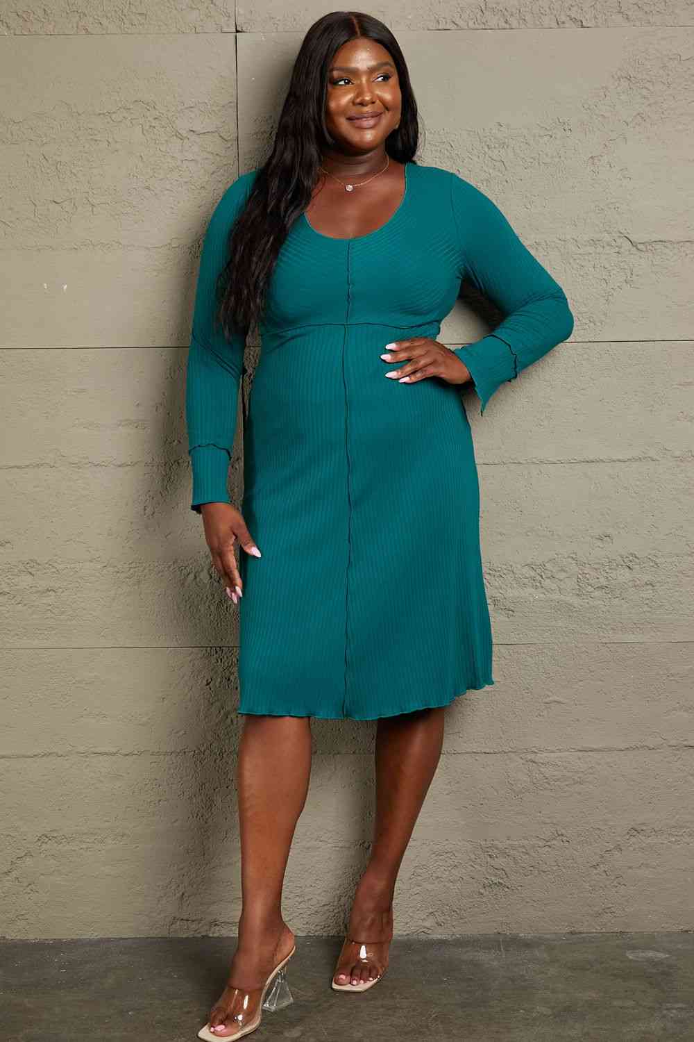 Culture Code Full Size Chevron Upper Bodycon Midi Dress-Street 360-Deep Teal-S-Urbanheer
