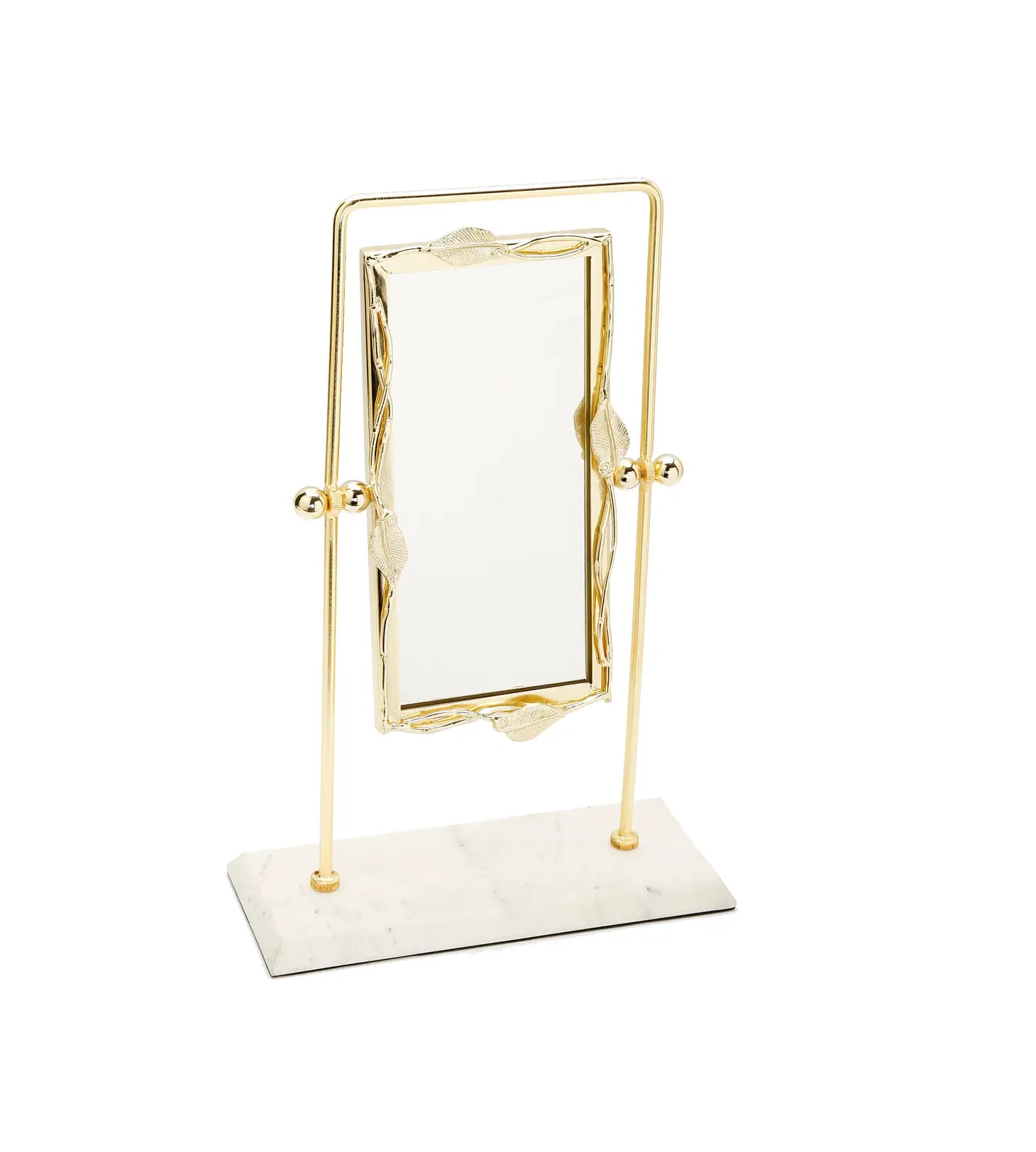Rectangular Table Mirror Gold Leaf Border White Marble Base-CLASSIC TOUCH DECOR INC.-Urbanheer