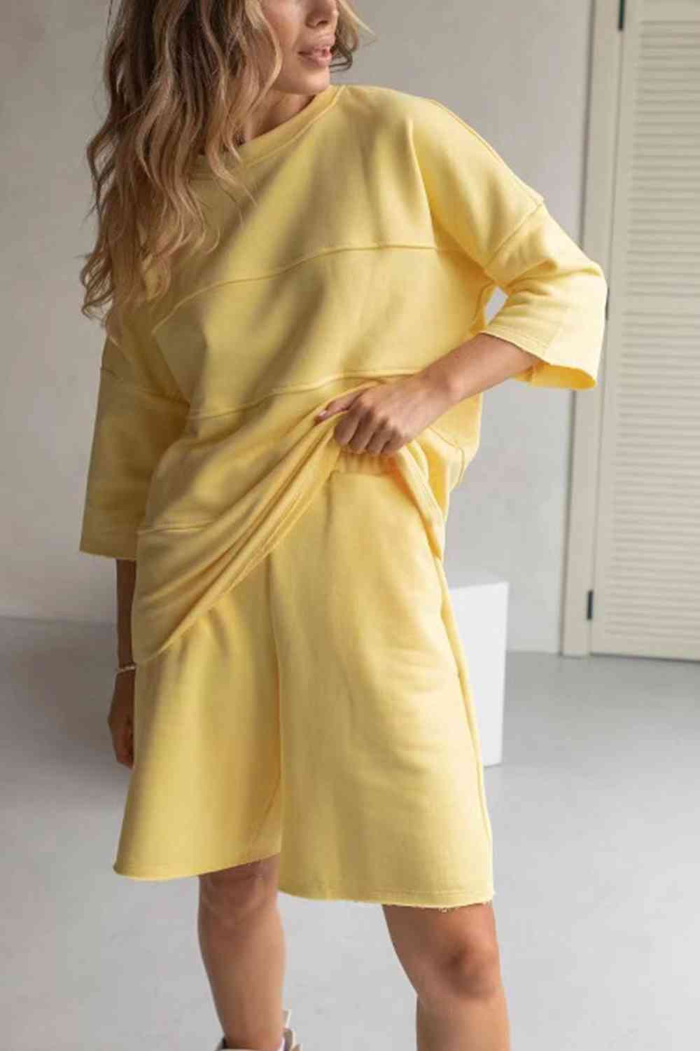 Round Neck Long Sleeve Top And Shorts Set-Street 360-Banana Yellow-S-Urbanheer