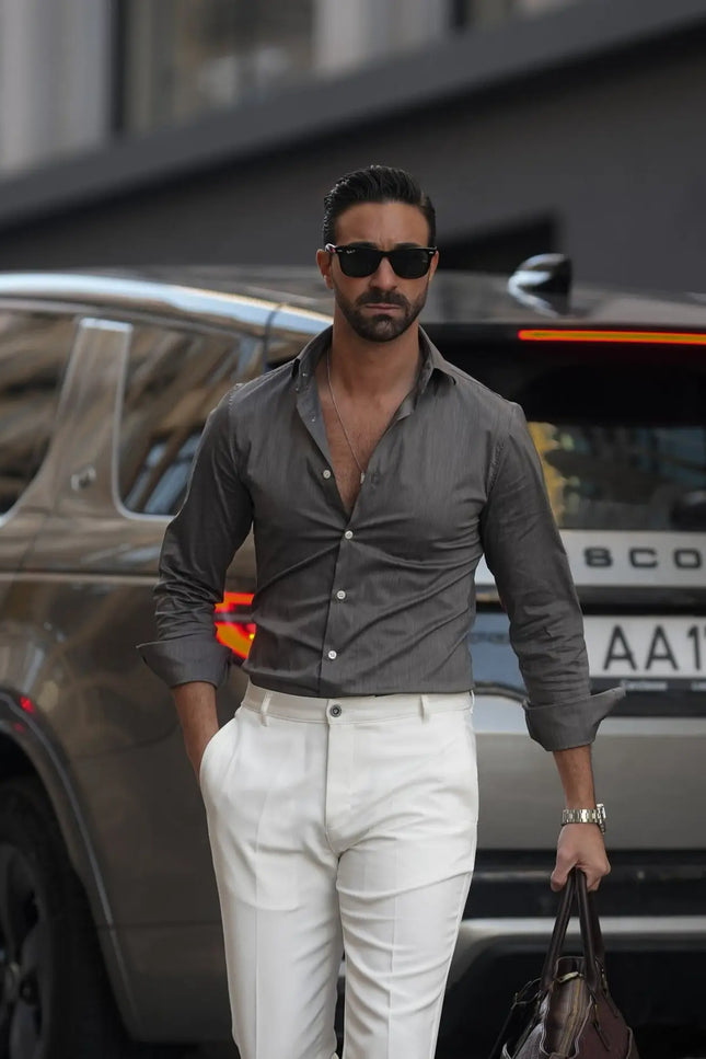 Grey Elastic Slim-Fit Men'S Shirt-Clothing - Men-Donato-Urbanheer