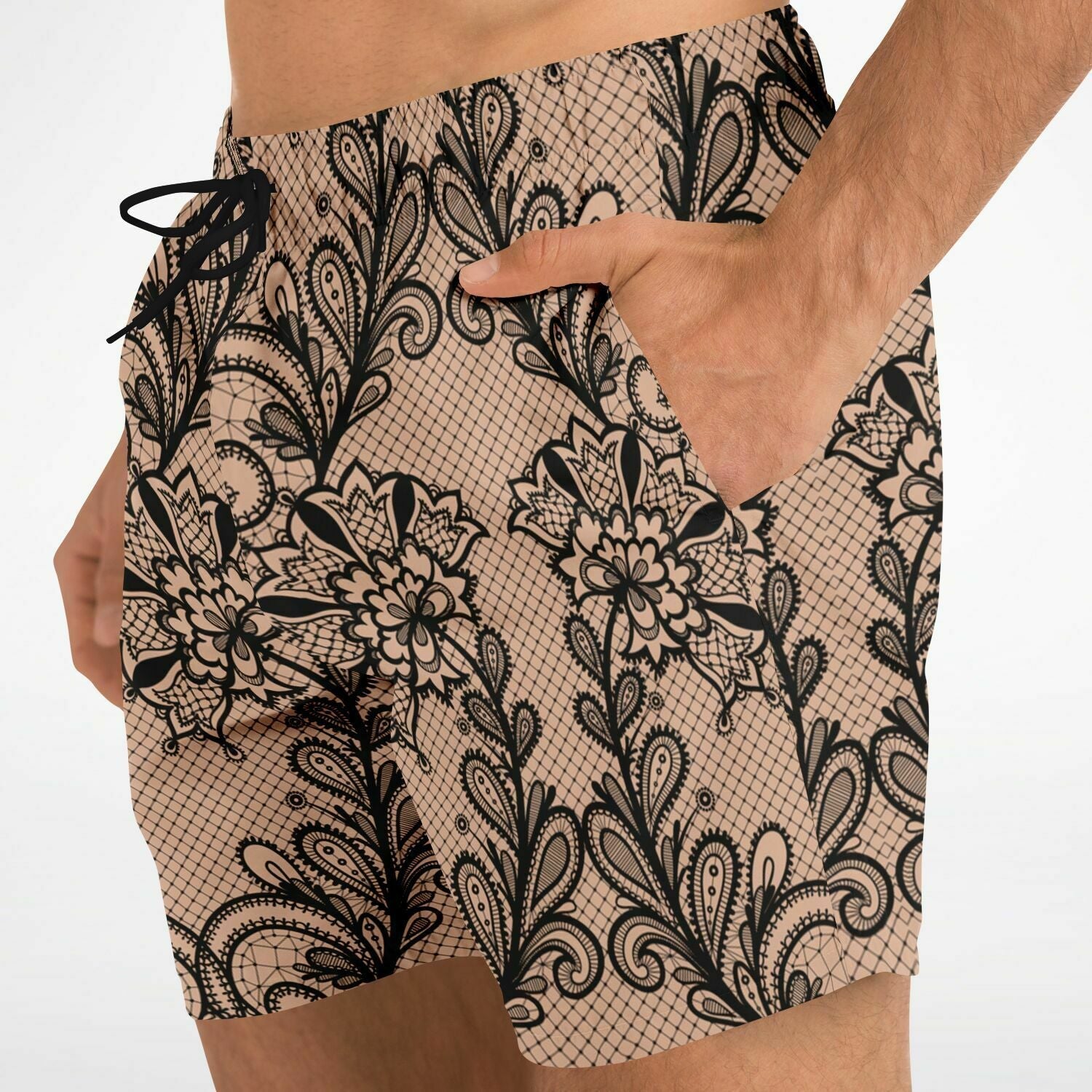 Black & Nude Lace 5.5" Men Swim Trunks-Subliminator-XS-Urbanheer