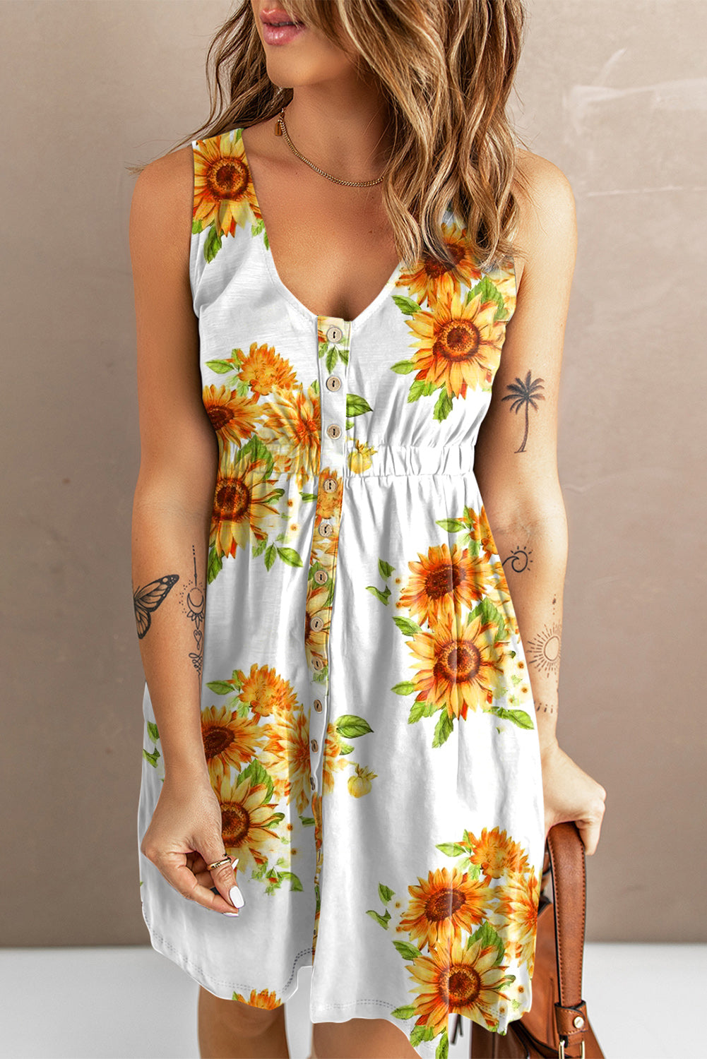 Sunflower Print Button Down Sleeveless Dress-Street 360-Sunflower Fields-S-Urbanheer