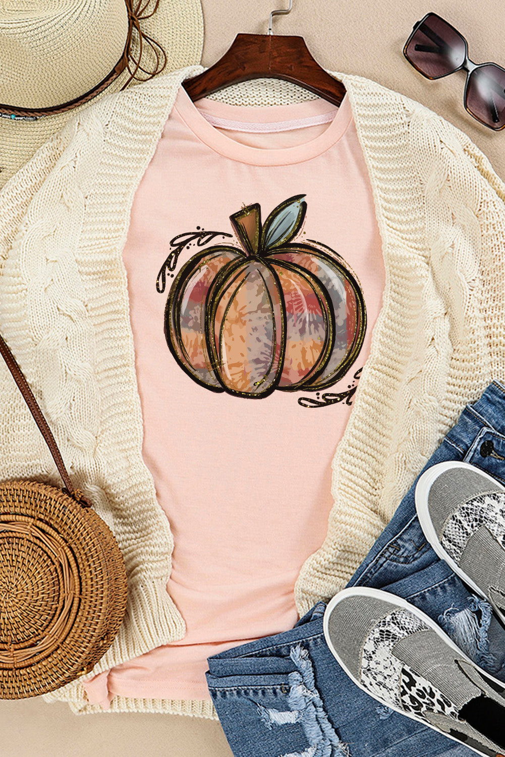 Pink Pumpkin Graphic Print Crew Neck T Shirt-UHXC-Pink-(US 4-6)S-Urbanheer