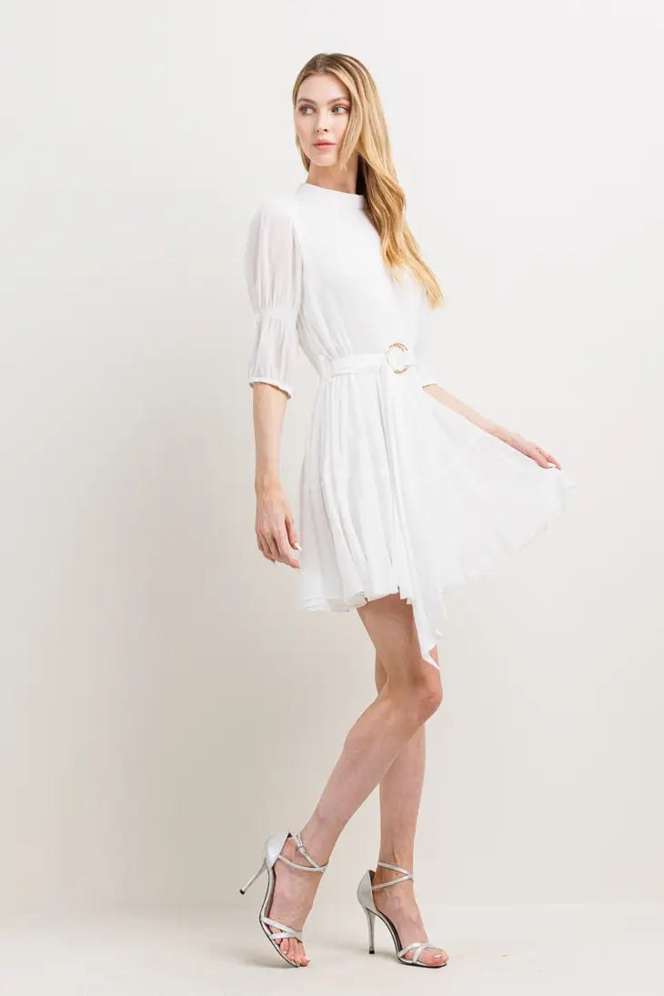 Pleats Effect Body Puff Sleeve Mini Dress-Neon Blush-S-Urbanheer