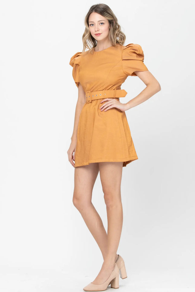 Bubble Sleeve Belted Mini Dress - Caramel-Neon Blush-Urbanheer