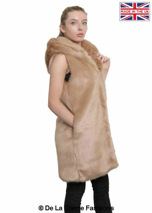 Faux Fur Hooded Gilet-Rose Eleusis-UK 10/EU 38/US 6-Camel-Urbanheer