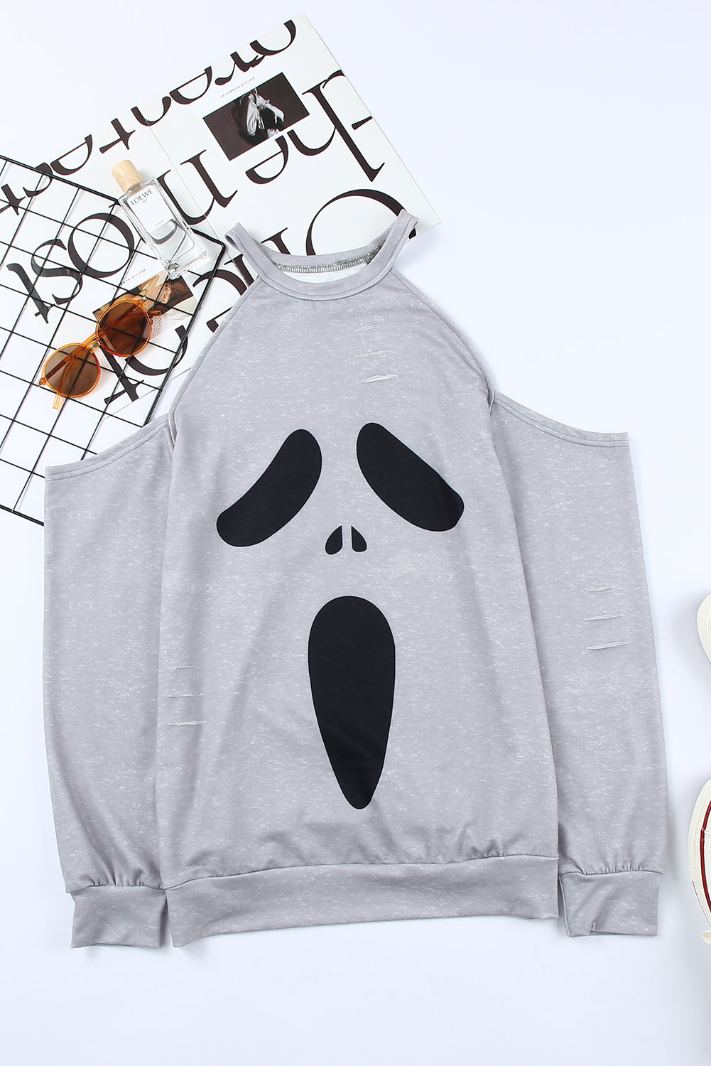 Gray Distressed Halloween Ghost Cold Shoulder Sweatshirt-UHXC-Gray-(US 4-6)S-Urbanheer