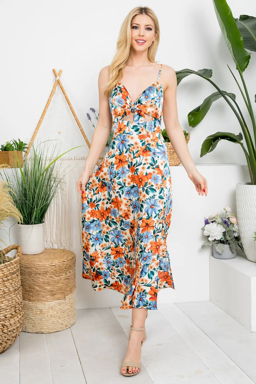 Floral Dress With Cut-Out Tied Bodice-LA Soul-S/M-Urbanheer
