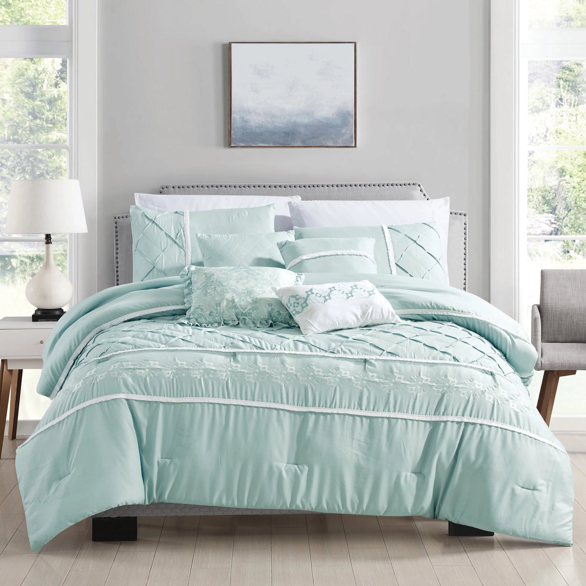 Ultra Soft Ruffle Baby Blue Pleated Comforter - 7 Piece Set-Bedding-linen mart-King-Urbanheer