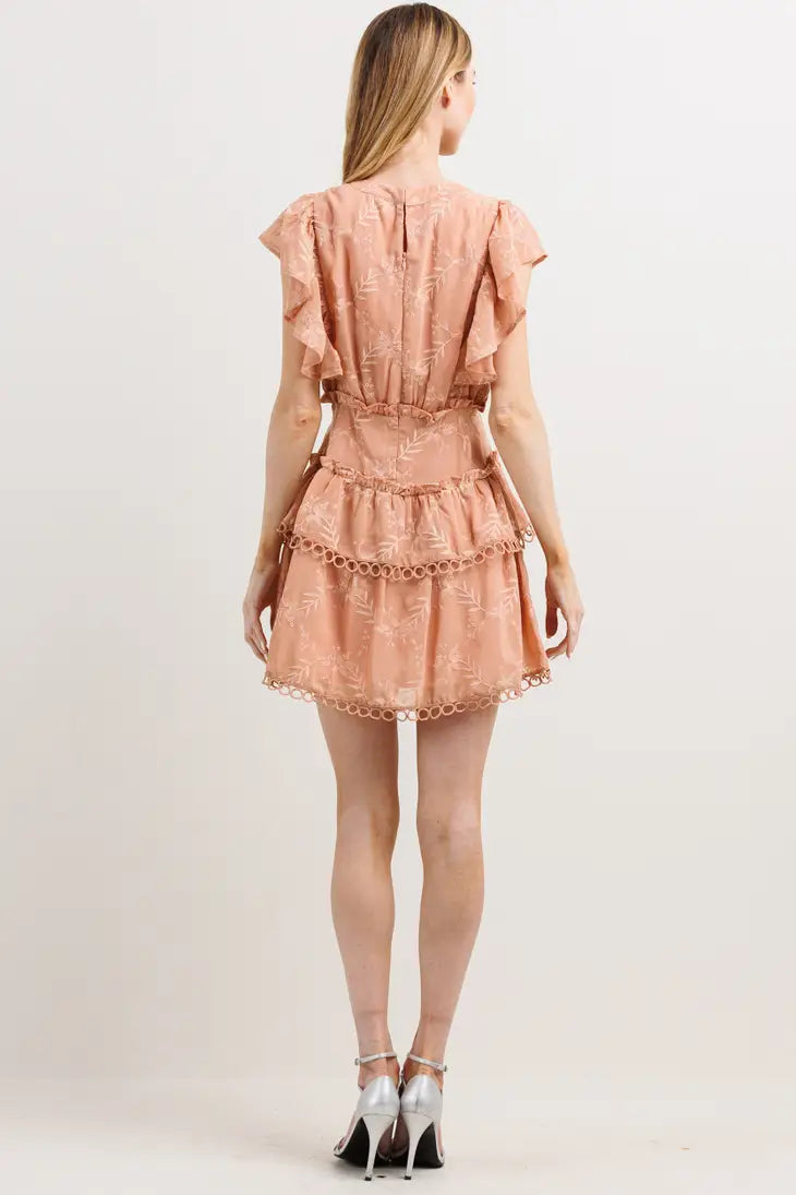 Ruffle Detail V Neck Mini Dress-Neon Blush-S-Urbanheer