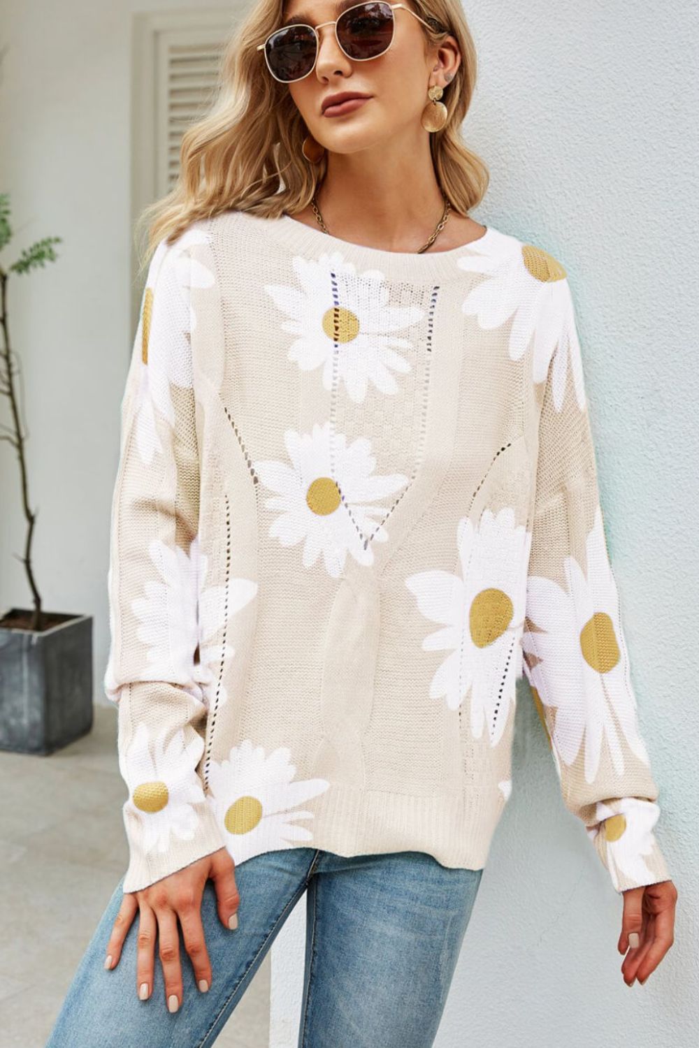 Daisy Print Openwork Round Neck Sweater-Street 360-Beige-S-Urbanheer