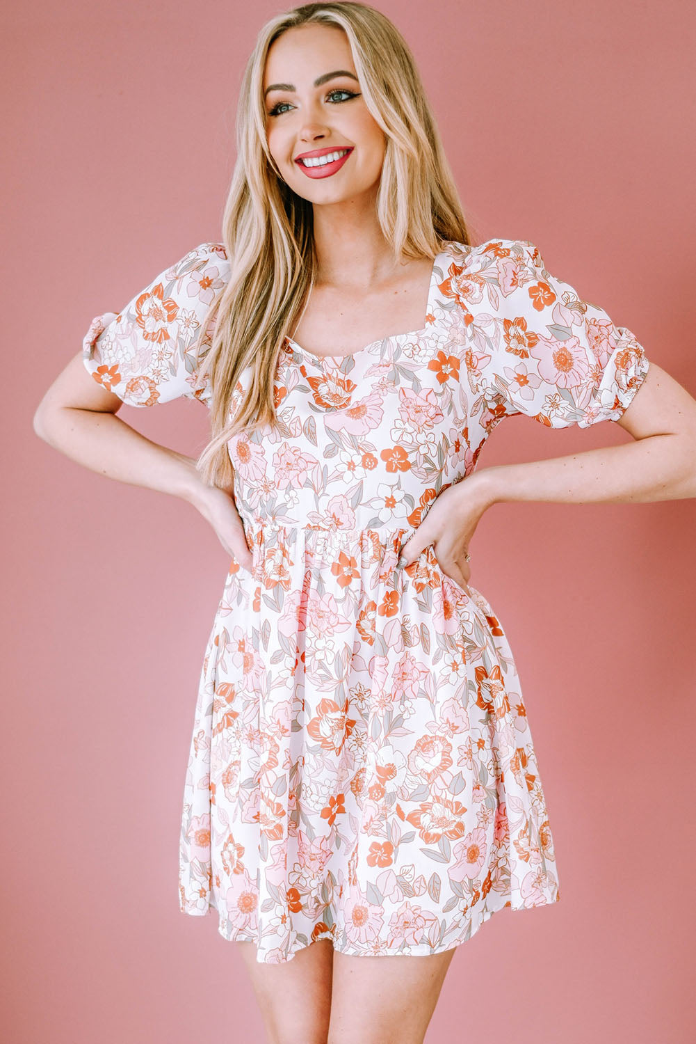 Floral Tie-Back Puff Sleeve Dress-Street 360-Blush Pink-S-Urbanheer