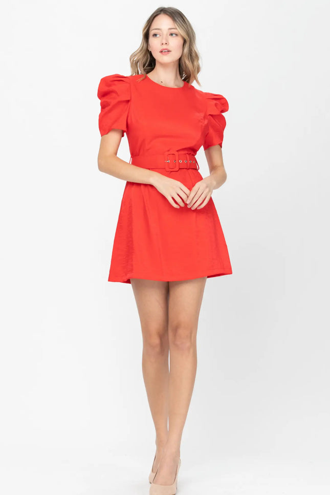 Bubble Sleeve Belted Mini Dress - Tomato-Neon Blush-Urbanheer