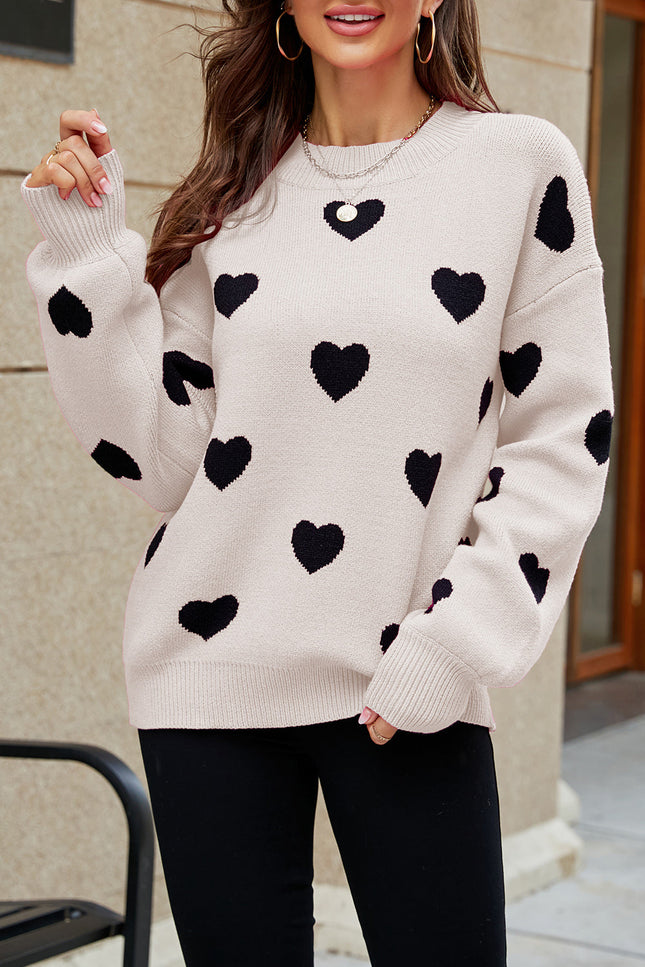 Heart Pattern Ribbed Trim Knit Sweater-Stay Warm in Style-APRICOT-SMALL-Urbanheer