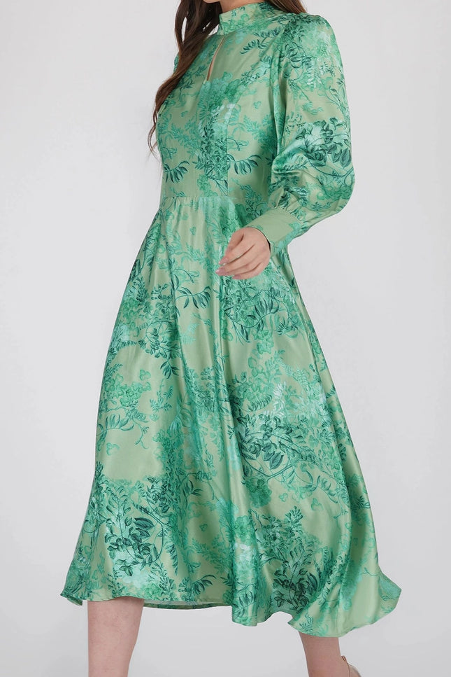 Taylor Long Sleeve Satin Midi Dress in Green.